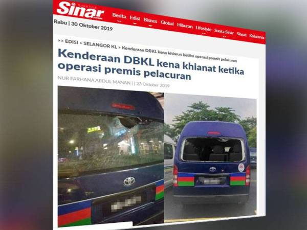 Sebelum ini Sinar Harian melaporkan sebuah kenderaan rasmi DBKL mengalami kerosakan akibat perbuatan khianat ketika pihak terlibat melaksanakan operasi tindakan khas di premis rumah urut dan pelacuran di dua lokasi berasingan sekitar Bandar Baru Sri Petaling.