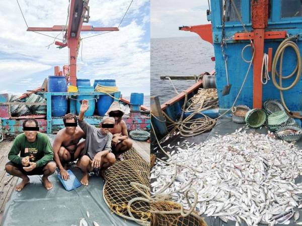 Tekong dan tiga awak-awak warga Thailand yang ditahan. Hasil tangkapan ikan yang dirampas.