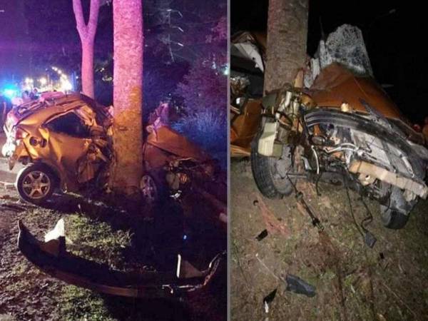 Keadaan kereta Proton Satria Neo yang remuk selepas merempuh pokok di Jalan Tanah Merah semalam. (Keadaan kereta Proton Satria Neo yang remuk selepas merempuh pokok di Jalan Tanah Merah semalam.)