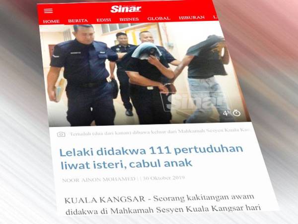 Semalam, Sinar Harian melaporkan tertuduh didakwa di Mahkamah Sesyen Kuala Kangsar dengan 104 pertuduhan meliwat isterinya dan tujuh pertuduhan melakukan amang seksual fizikal terhadap tiga anak perempuannya yang berusia 12,10 dan lima tahun sekali lagi didakwa di Mahkamah Majistret Sungai Siput hari ini.