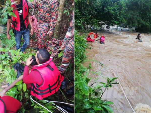 Anggota bomba mencampakkan tali dan pelampung ke arah mangsa yang terperangkap di atas batu dalam kejadian kepala air semalam. 