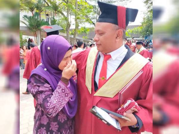 Isteri, Zaharatunnura Mat Wahi menangis kegembiraan ketika meraikan kejayaan Luqman menggenggam ijazah pada Istiadat Konvokesyen UTM ke-63 semalam.