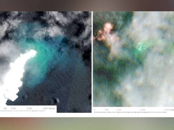 Gambar kiri menunjukkan gas yang dibebaskan selepas letusan gempa bawah laut manakala gambar kanan memaparkan pembentukan pulau baharu (titik hijau besar) tersebut.