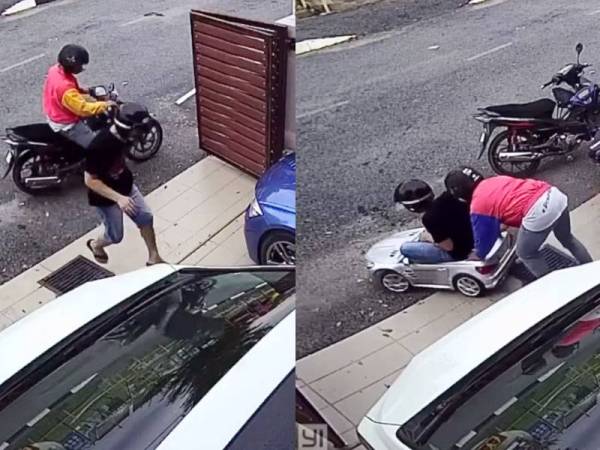 Tangkap layar video yang memaparkan dua individu 'pecah rumah' dan hanya mengambil sebuah kereta mainan.