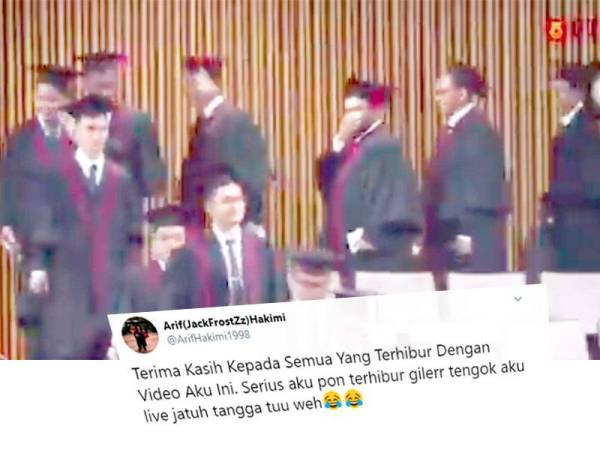 Tangkap layar video memaparkan Arif jatuh ketika memasuki dewan pada Majlis Konvokesyen Universiti Teknologi Malaysia (UTM).