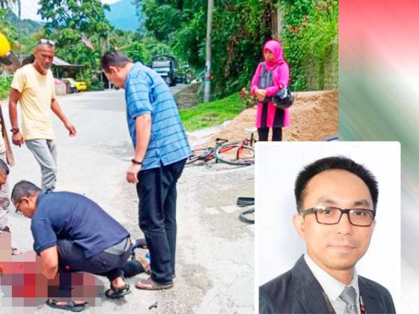 Mangsa maut di tempat kejadian selepas basikal ditungganginya hilang kawalan lalu terjatuh di bahagian kiri tayar belakang sebelum digilis lori terbabit. Gambar kecil: Wan Mohd Nur Muzaaliff