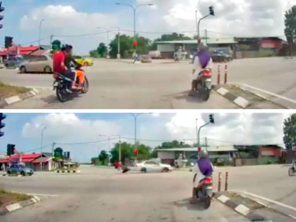 Tangkapan layar video yang menunjukkan dua remaja yang tidak memakai topi keledar dihentam sebuah kereta selepas melanggar lampu isyarat di kawasan tersebut