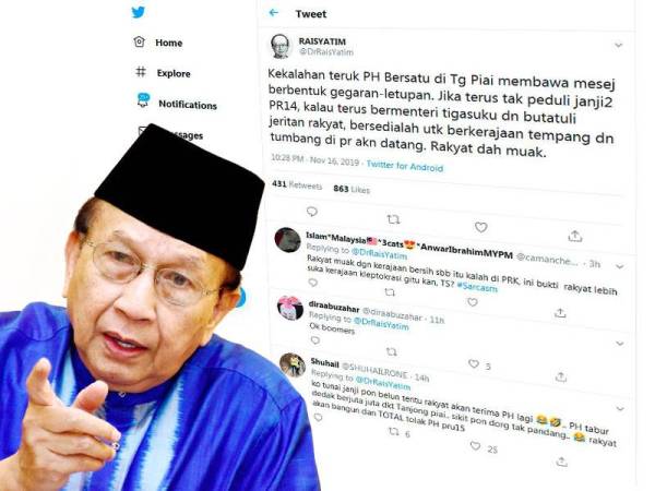 Ciapan Rais di Twitter susulan kekalahan teruk PH di Tanjung Piai semalam.