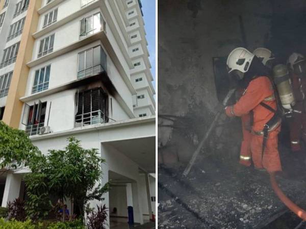 Sebuah bilik tidur musnah dalam kebakaran di kediaman awam Jalan Ang Seng semalam. Gambar kecil: Anggota bomba menjalankan kerja-kerja pemadaman di lokasi kejadian.