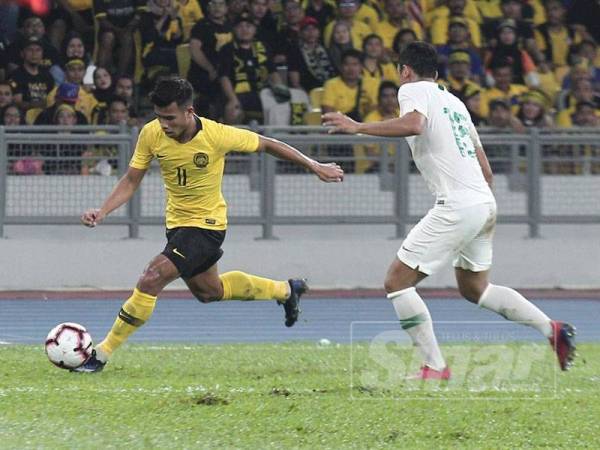 Pemain pasukan Malaysia Muhammad Safawi Rasid pada perlawanan kelayakan Piala Dunia 2022/Piala Asia 2023 ketika menentang Indonesia di Stadium Nasional Bukit Jalil semalam.- Foto Sinar Harian ZAHID IZZANI