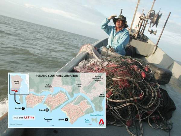 (Gambar kecil: Peta menunjukkan tiga pulau buatan yang akan dibina di selatan Pulau Pinang.)