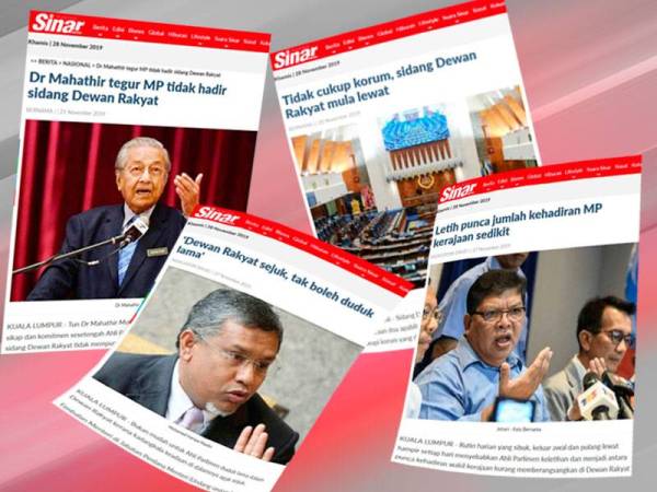 Laporan Sinar Harian berhubung masalah kehadiran ahli Parlimen di sidang Dewan Rakyat.