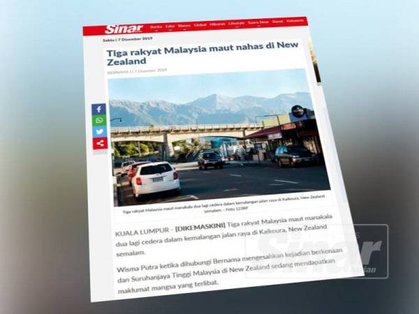 Laporan Sinar Harian berkaitan kemalangan yang mengorbankan tiga rakyat Malaysia di New Zealand.