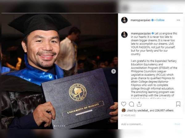 Perkongsian Pacquiao di laman Instagramnya kini tular yang meraih 226,957 tanda suka.
