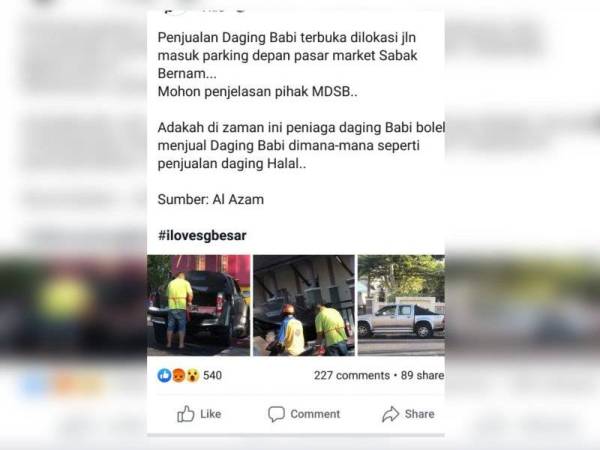 Tular di Facebook berhubung penularan penjualan daging babi di laman Facebook hari ini.