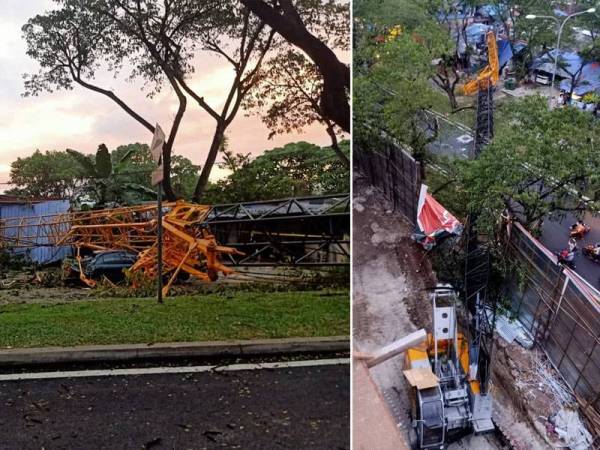 Kedudukan kren tumbang menutup jalan dan menghempap sebuah kedai di Bandar Baru Sentul hari ini.