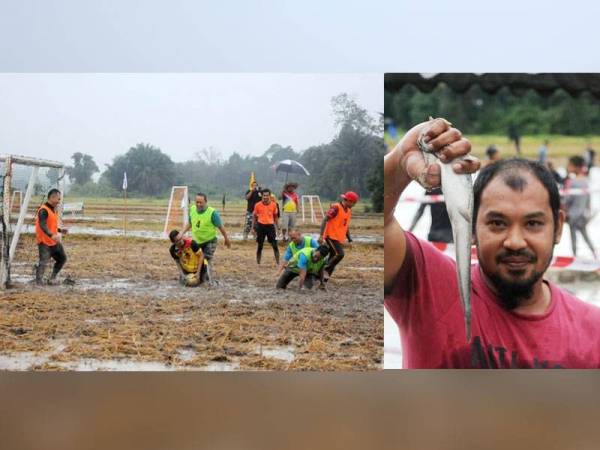 Aminuddin (tiga dari kiri) turut bermain dalam pertandingan sepak bola sawah. Seorang peserta menunjukkan ikan yang berjaya ditangkap dalam acara mengoca ikan.