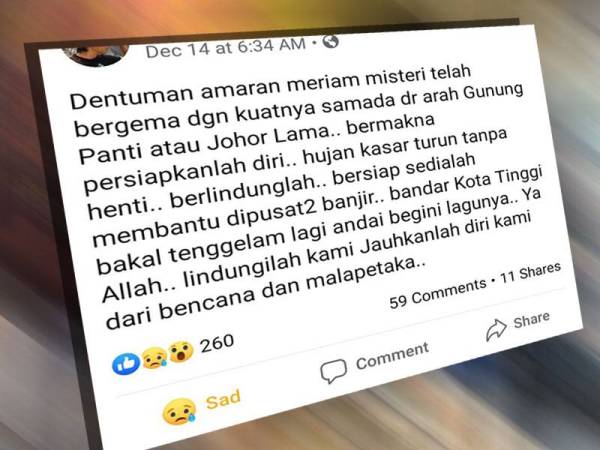 Status yang tular di Facebook berkenaan meriam misteri dari Gunung Panti, Kota Tinggi.