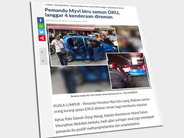 Laporan Sinar Harian mengenai pemandu kereta Myvi yang membawa penumpang lelaki OKU dan melanggar beberapa kenderaan sebelum ditahan orang awam.