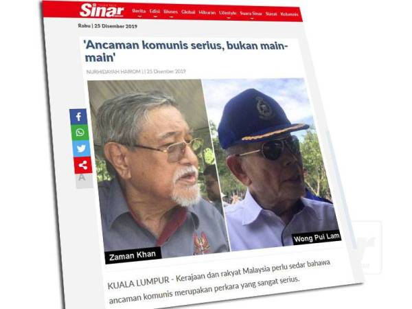 Laporan Sinar Harian berkaitan isu ancaman ideologi komunis di negara ini.