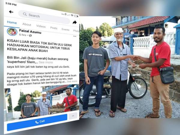 Facebook Menteri Besar Perak turut berkongsi kisah Bili yang dianggap sebagai 'hero' kerana bertanggungjawab kepada anak buah di kampungnya. Bili (kanan) menyerahkan motosikal ganti yang hilang kepada pemilik asal di Balai Polis Gerik, semalam.