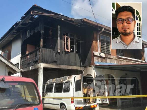 Keadaan rumah dua tingkat yang dijadikan bengkel perabot dan van milik Mohd Ridhwan yang hangus dalam kebakaran pagi tadi. Gambar kecil: Mohd Ridhwan 