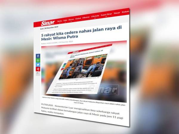 Laporan Sinar Harian semalam mengenai perkembangan nahas membabitkan rakyat Malaysia di Mesir.