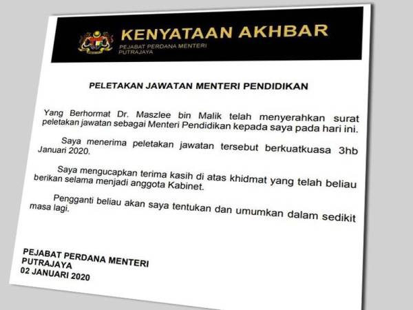 Kenyataan media Dr Mahathir yang dikeluarkan Pejabat Perdana Menteri hari ini.