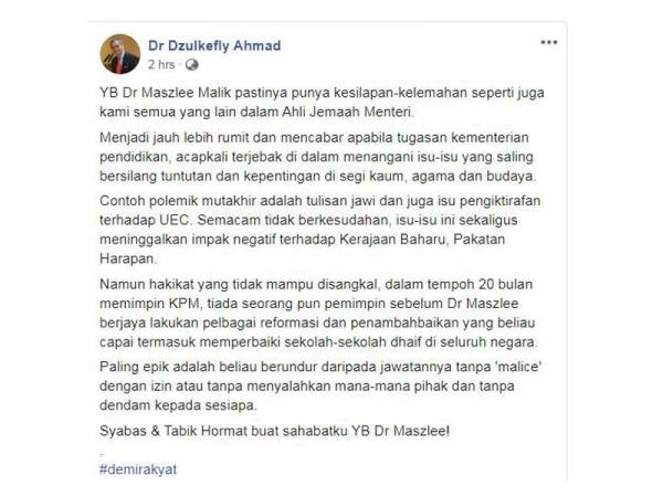 Dzulkefly memuat naik status mengenai Maszlee di Facebooknya hari ini.