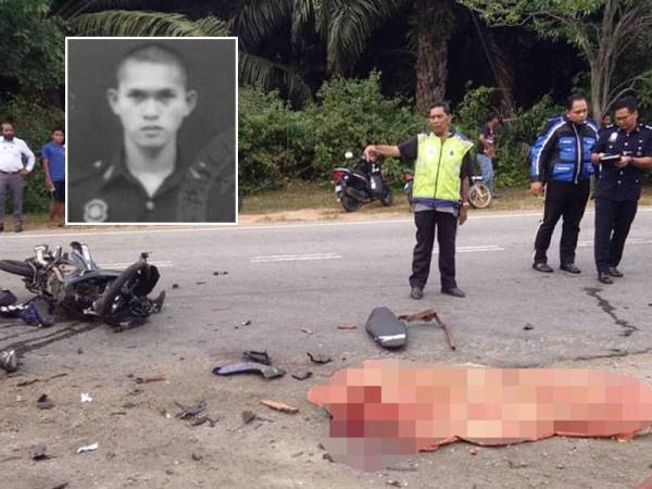 Muhammad Hanif (gambar kecil) yang menunggang motosikal maut di tempat kejadian.