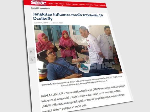 Laporan Sinar Harian berkaitan kes jangkitan influenza hari ini.