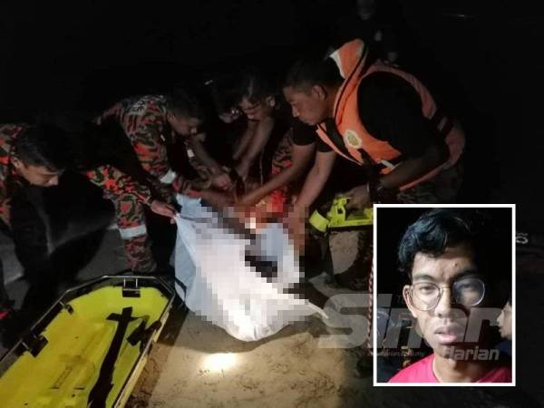 Anggota bomba menaikkan Mohd Nor Hishamudin yang ditemui lemas jam 9.50 malam tadi. Gambar kecil: Muhamad Aliff Najmie)