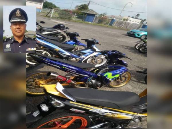 Sebahagian daripada motosikal yang disita dibawa ke IPD Dungun untuk tindakan lanjut. Foto: Ihsan IPD Dungun (Gambar kecil: Baharudin Abdullah)