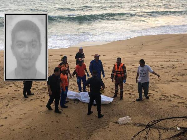 Mayat Muhammad Zul Fahmi Zuki, 21 tahun, ditemui terdampar di Pantai Teluk Lipat, kira-kira 2 kilometer dari lokasi kejadian. FOTO: Bomba