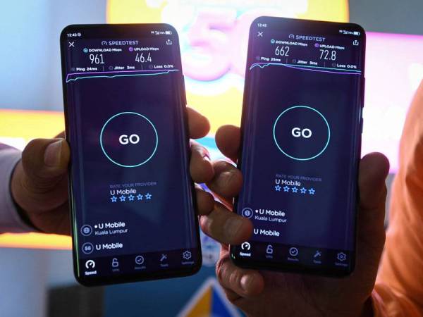 Para pengguna telefon pintar juga dapat memeriksa tahap kelajuan (speedtest) internet U Mobile pada kes kegunaan 5G U Mobile hari ini. - Foto Bernama