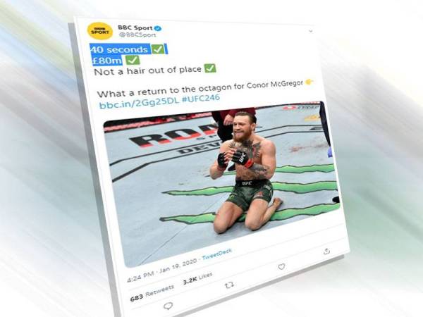 Walaupun perlawanan tersebut hanya bertahan 40 saat namun McGregor turut menerima wang kemenangan sebanyak £80 juta (RM422 juta) secara keseluruhan.