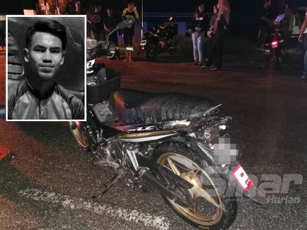 Motosikal mangsa ditemui berhampiran mayat mangsa dipercayai dilanggar sebuah kereta yang tidak pasti nombor pendaftarannya, semalam.