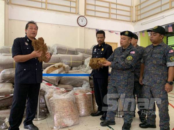 Samsudin (kiri) dan Mohd Rosli (dua kanan) menunjukkan dua jenis tembakau awet yang dirampas di Machang.