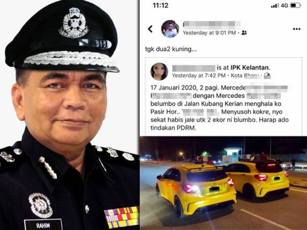 Mercedes Benz berwarna kuning yang dikatakan berlumba di Jalan Kubang Kerian ke Pasir Hor pada Jumaat lalu.