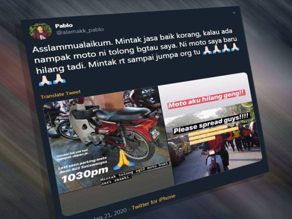 Pelayar Twitter meminta bantuan ramai mencari motosikalnya hilang di Aeon AU2 Setiawangsa malam tadi.