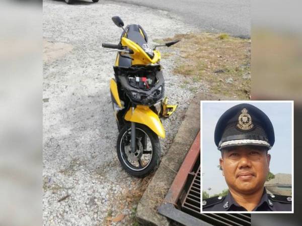 Keadaan motosikal mangsa selepas bertembung dengan sebuah kereta Proton Persona semalam. - Foto ihsan IPD Dungun (Gambar kecil: Baharudin Abdullah)