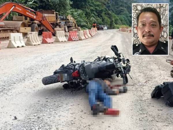 Mangsa maut akibat dihempap motosikal ditunggangnya di lokasi kejadian pagi tadi. - Foto ihsan IPD Hulu Terengganu Gambar kecil: Mohd Adli