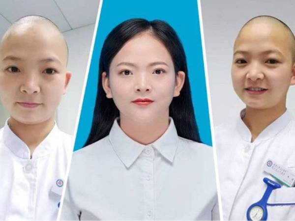 Jururawat Hospital Renmin dari Universiti Wuhan, Shan Xia mencukur rambut panjangnya untuk memudahkan tugas selain mahu mengelakkan jangiktan silang akibat wabak koronavirus, Foto China Daily