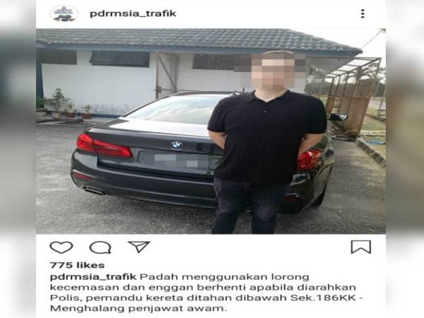 Maklumat yang dikongsi di Instagram pdrmsia_trafik berkaitan tindakan seorang lelaki memandu di lorong kecemasan dan enggan berhenti selepas diarahkan polis.