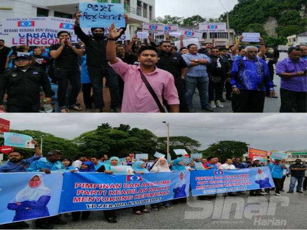 Kumpulan penyokong mendesak Zuraida dipecat dan satu lagi kumpulan menyokong solidariti terhadap Zuraida di hadapan Pejabat PKR Perak.