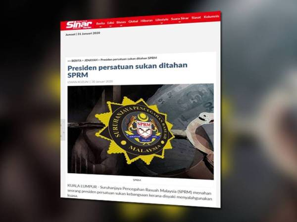 Semalam Sinar Harian melaporkan SPRM telah menahan seorang presiden persatuan sukan kebangsaan di kediamannya di Melaka.