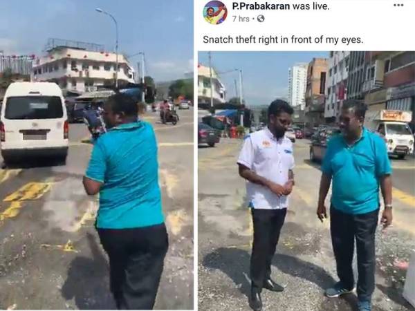 Mangsa cuba mengejar suspek sebaik menyedari rantai pakainya diragut. Gambar kanan: Mangsa datang kepada Prabakaran bagi memanjangkan masalah dihadapi di kawasan itu.