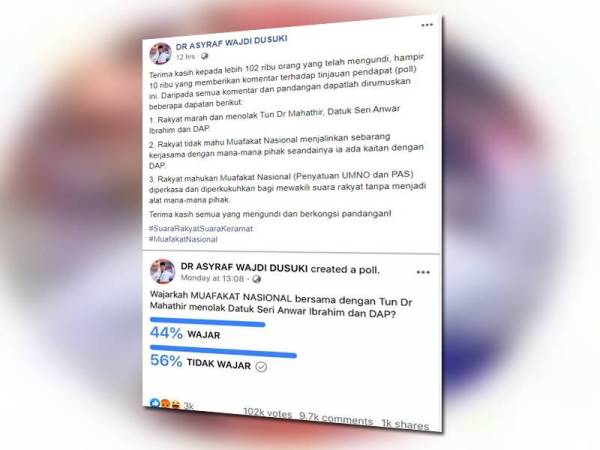 Status Facebook Dr Asyraf yang mendakwa majoriti rakyat menolak Muafakat Nasional bekerjasama dengan Dr Mahathir dan menolak Anwar serta DAP.