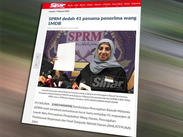 Laporan Sinar Harian berkaitan pendedahan Suruhanjaya Pencegahan Rasuah Malaysia (SPRM) berkaitan 41 penama menerima dana 1MDB.