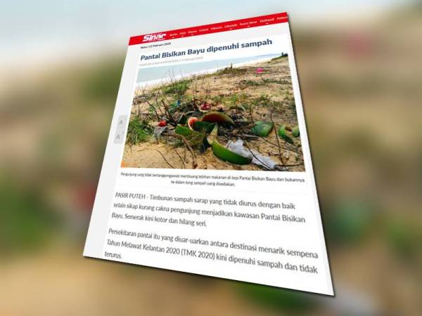 Laporan Sinar Harian berkaitan Pantai Bisikan Bayu yang dipenuhi sampah sarap.